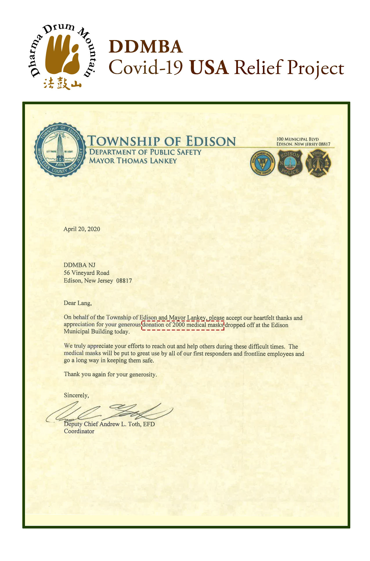 DDMBA USA COVID-19 Relief Project Delivery Report - New Jersey - Township of Edison