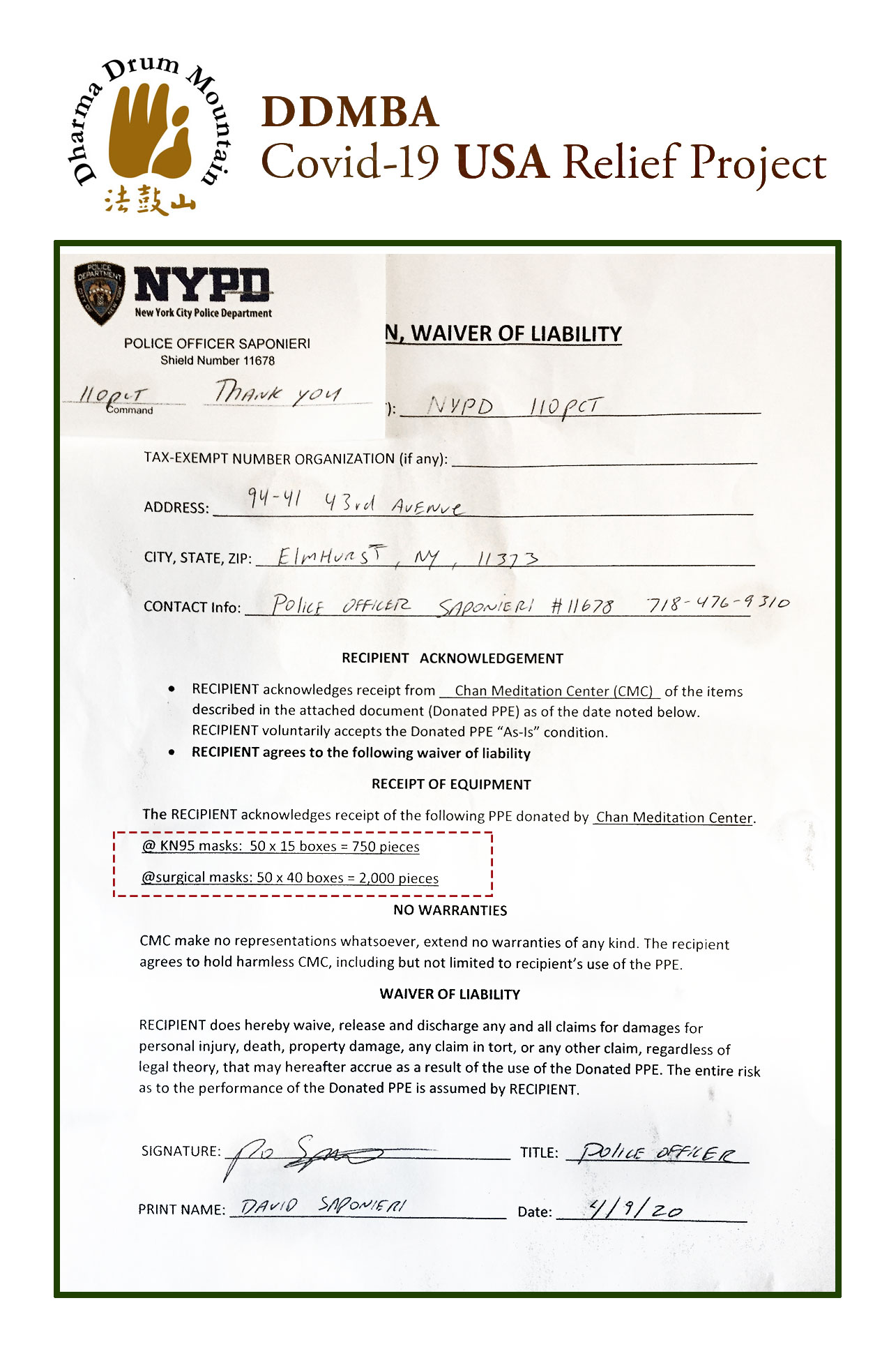 DDMBA USA COVID-19 Relief Project Delivery Report - New York - NYPD (110PCT Elmhurst)