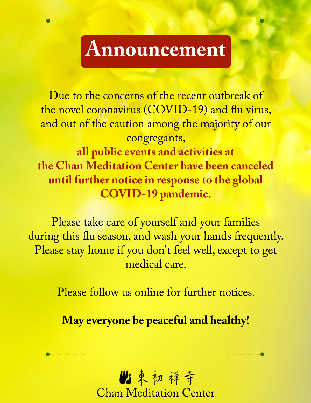 Activity Cancellation Announcement - 2020 Coronavirus